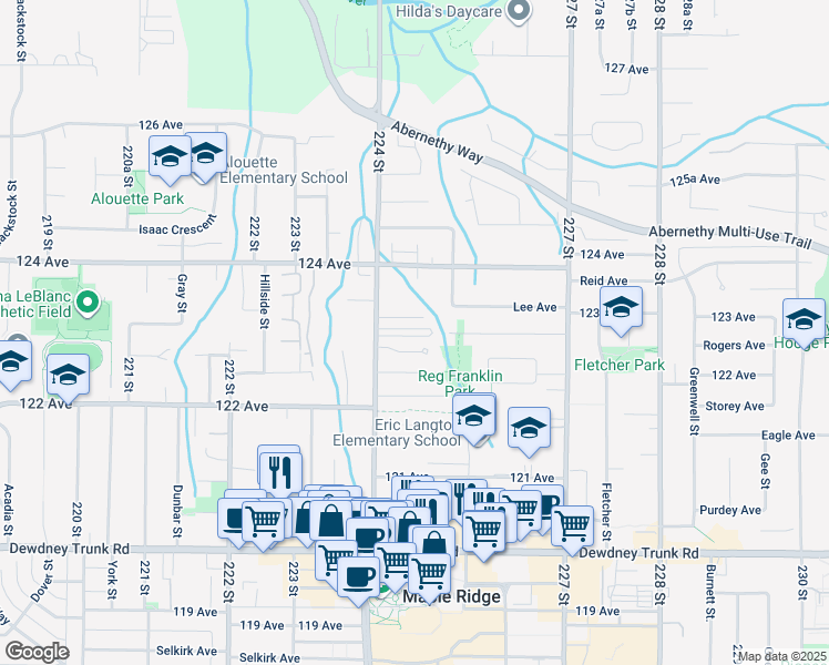 map of restaurants, bars, coffee shops, grocery stores, and more near 12296 224 Street in Maple Ridge