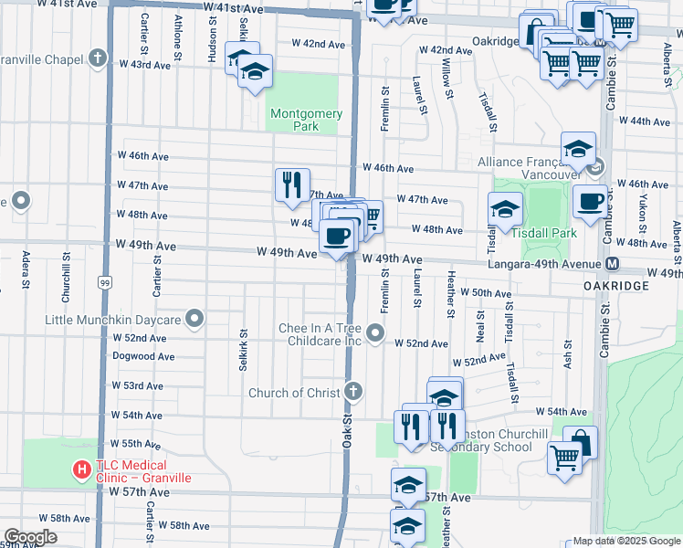 map of restaurants, bars, coffee shops, grocery stores, and more near 6575 Oak Street in Vancouver