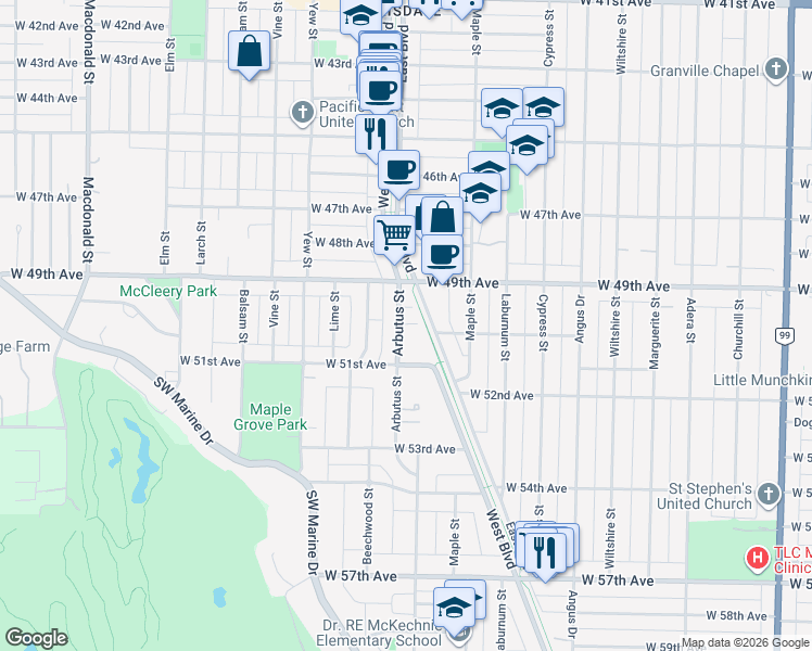 map of restaurants, bars, coffee shops, grocery stores, and more near 6608 Arbutus Street in Vancouver