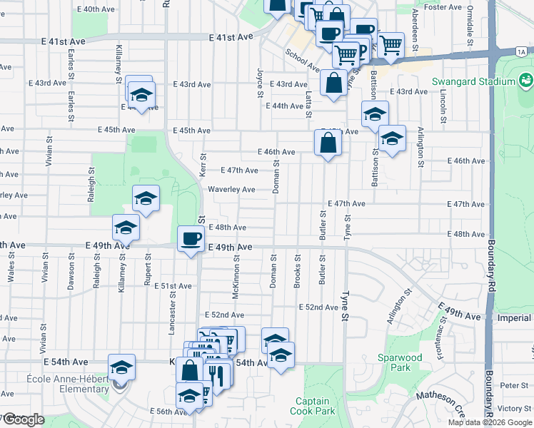 map of restaurants, bars, coffee shops, grocery stores, and more near 3262 Coleridge Avenue in Vancouver