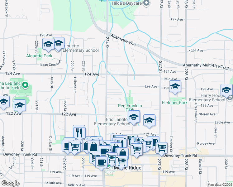 map of restaurants, bars, coffee shops, grocery stores, and more near 12296 224 Street in Maple Ridge
