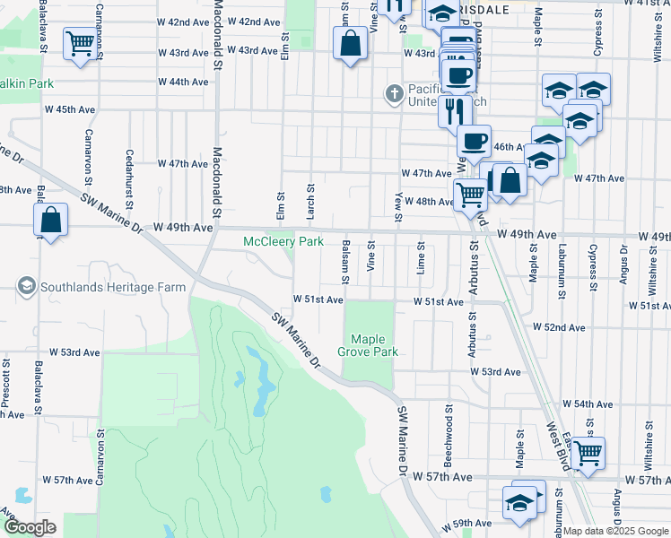 map of restaurants, bars, coffee shops, grocery stores, and more near 6615 Balsam Street in Vancouver