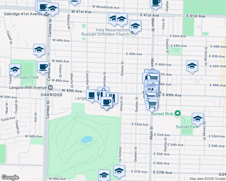 map of restaurants, bars, coffee shops, grocery stores, and more near 43 West 49th Avenue in Vancouver