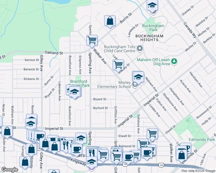 map of restaurants, bars, coffee shops, grocery stores, and more near 6841 Burns Street in Burnaby