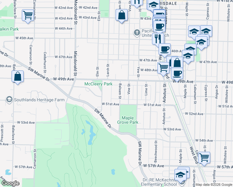 map of restaurants, bars, coffee shops, grocery stores, and more near 6615 Balsam Street in Vancouver