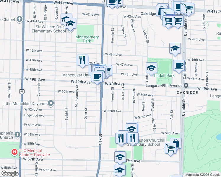 map of restaurants, bars, coffee shops, grocery stores, and more near 6531 Fremlin Street in Vancouver