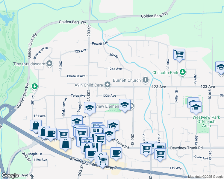 map of restaurants, bars, coffee shops, grocery stores, and more near 20496 123 Avenue in Maple Ridge