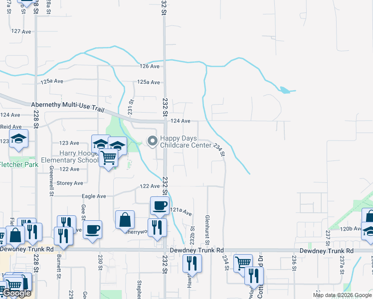 map of restaurants, bars, coffee shops, grocery stores, and more near 12285 233 Street in Maple Ridge