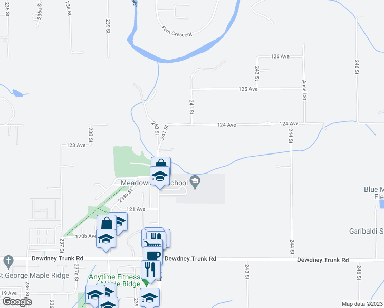 map of restaurants, bars, coffee shops, grocery stores, and more near 12310 240 Street in Maple Ridge