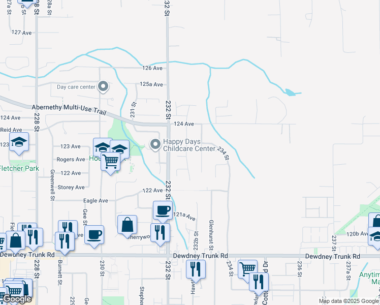 map of restaurants, bars, coffee shops, grocery stores, and more near 12326 Aurora Street in Maple Ridge
