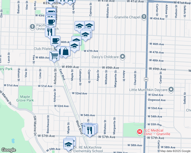 map of restaurants, bars, coffee shops, grocery stores, and more near 6579 Angus Drive in Vancouver