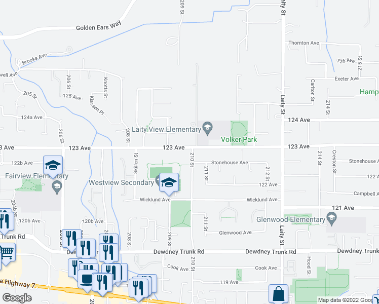 map of restaurants, bars, coffee shops, grocery stores, and more near 20990 123 Avenue in Maple Ridge