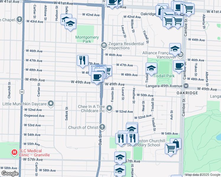 map of restaurants, bars, coffee shops, grocery stores, and more near 6531 Fremlin Street in Vancouver