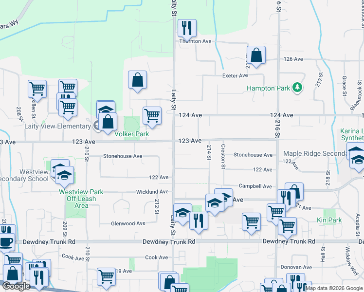 map of restaurants, bars, coffee shops, grocery stores, and more near 21292 123 Avenue in Maple Ridge