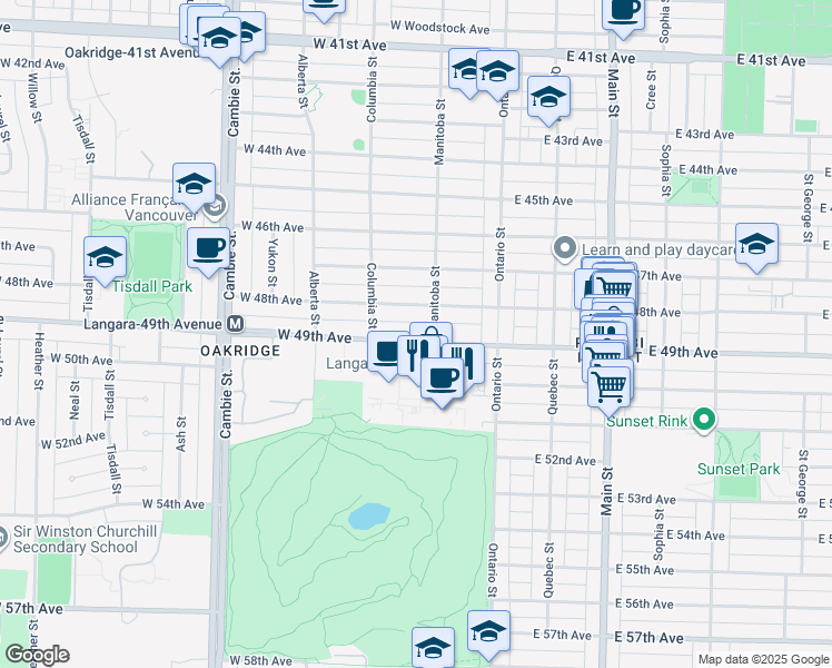 map of restaurants, bars, coffee shops, grocery stores, and more near 133 West 49th Avenue in Vancouver