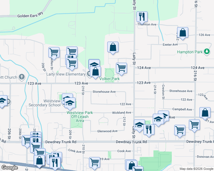 map of restaurants, bars, coffee shops, grocery stores, and more near 21149 Stonehouse Avenue in Maple Ridge
