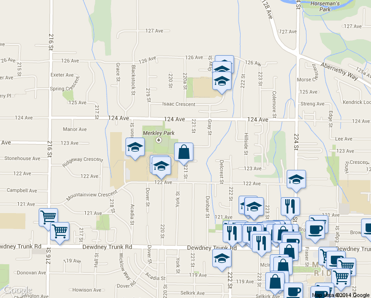 map of restaurants, bars, coffee shops, grocery stores, and more near 12305 221 Street in Maple Ridge