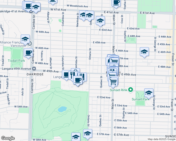 map of restaurants, bars, coffee shops, grocery stores, and more near 6475 Ontario Street in Vancouver