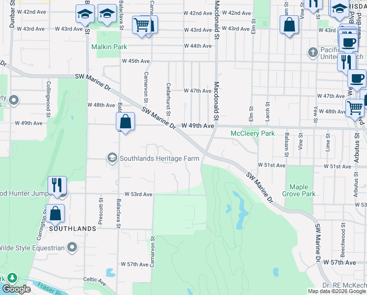 map of restaurants, bars, coffee shops, grocery stores, and more near 2838 Southwest Marine Drive in Vancouver