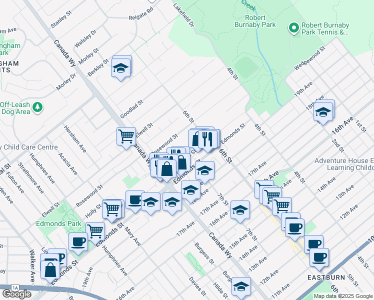 map of restaurants, bars, coffee shops, grocery stores, and more near in Burnaby