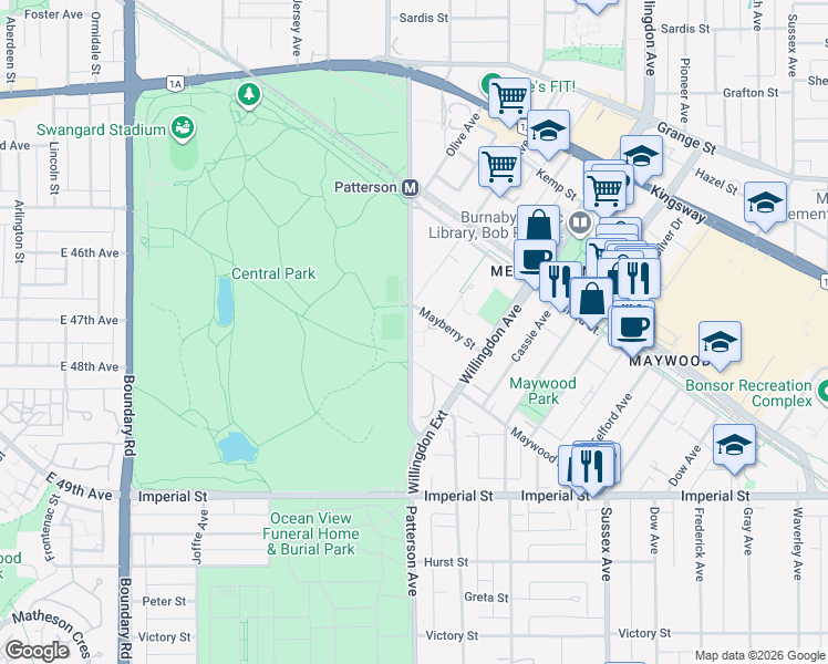 map of restaurants, bars, coffee shops, grocery stores, and more near in Burnaby