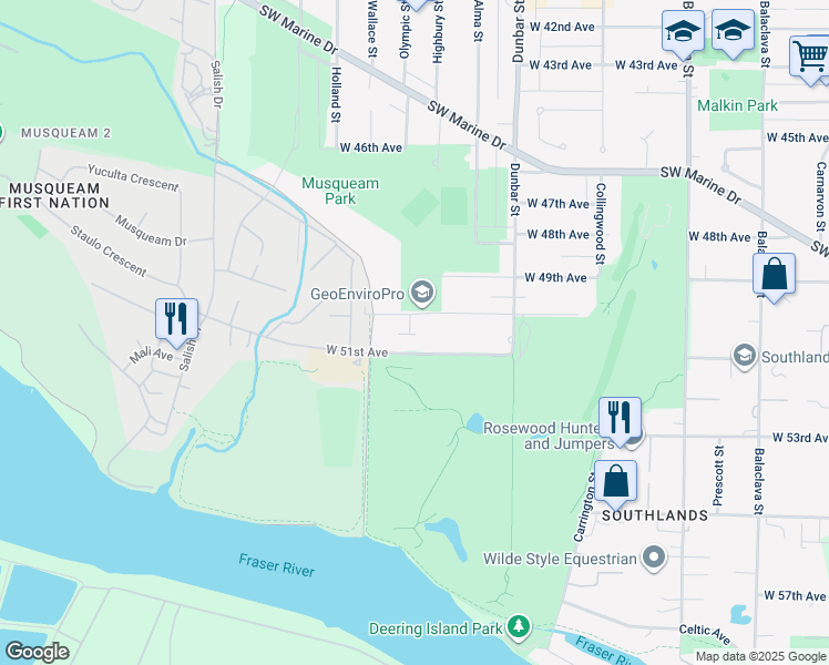 map of restaurants, bars, coffee shops, grocery stores, and more near 3838 West 50th Avenue in Vancouver