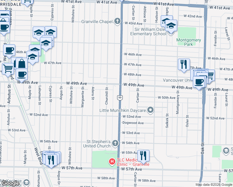 map of restaurants, bars, coffee shops, grocery stores, and more near 6587 Granville Street in Vancouver