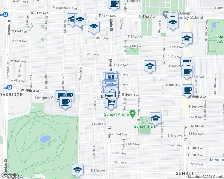 map of restaurants, bars, coffee shops, grocery stores, and more near 6460 Main Street in Vancouver