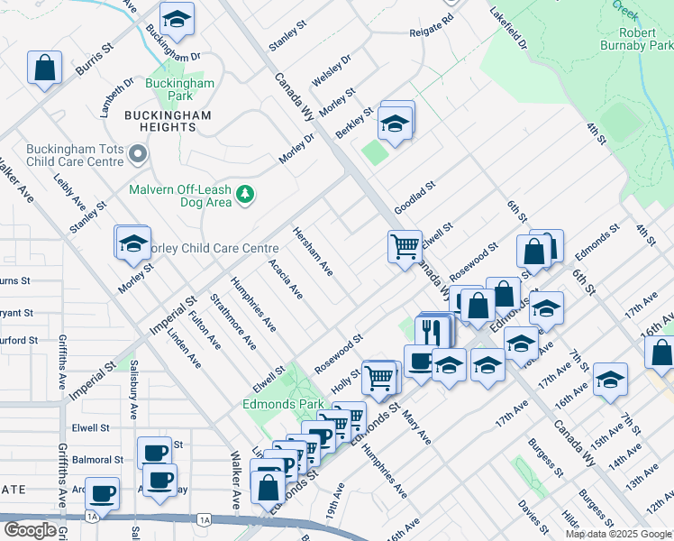 map of restaurants, bars, coffee shops, grocery stores, and more near 6782 Hersham Avenue in Burnaby