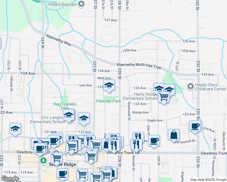 map of restaurants, bars, coffee shops, grocery stores, and more near 12314 Fulton Street in Maple Ridge