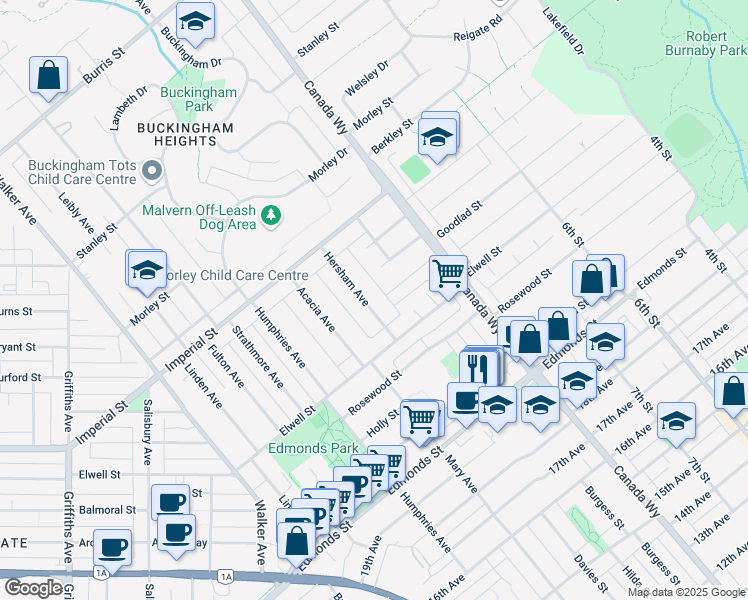 map of restaurants, bars, coffee shops, grocery stores, and more near 6782 Hersham Avenue in Burnaby