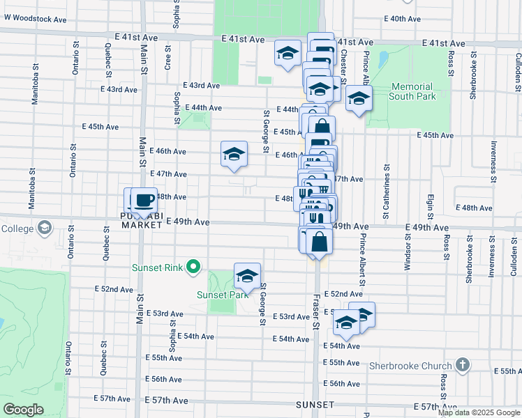 map of restaurants, bars, coffee shops, grocery stores, and more near 6449 Saint George Street in Vancouver