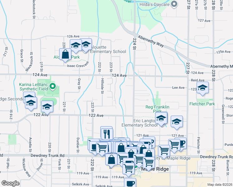 map of restaurants, bars, coffee shops, grocery stores, and more near 22275 123 Avenue in Maple Ridge