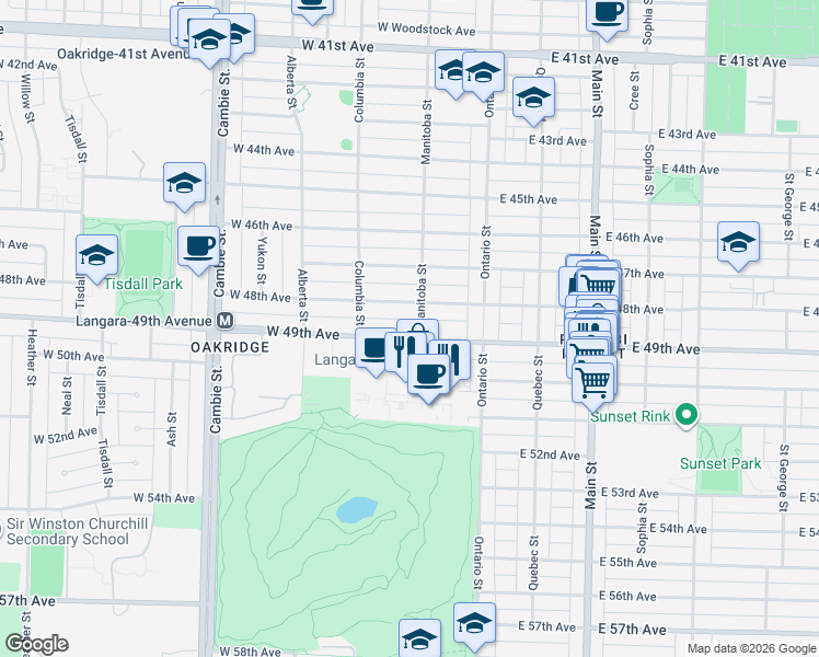 map of restaurants, bars, coffee shops, grocery stores, and more near in Vancouver