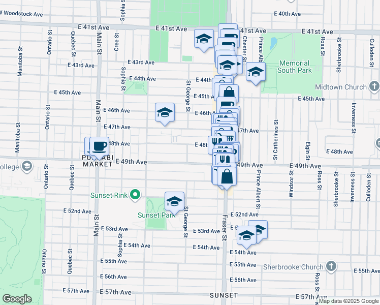 map of restaurants, bars, coffee shops, grocery stores, and more near 6450 Saint George Street in Vancouver