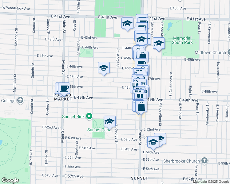 map of restaurants, bars, coffee shops, grocery stores, and more near 6449 Saint George Street in Vancouver