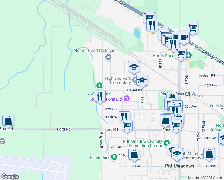 map of restaurants, bars, coffee shops, grocery stores, and more near 12316 188A Street in Pitt Meadows
