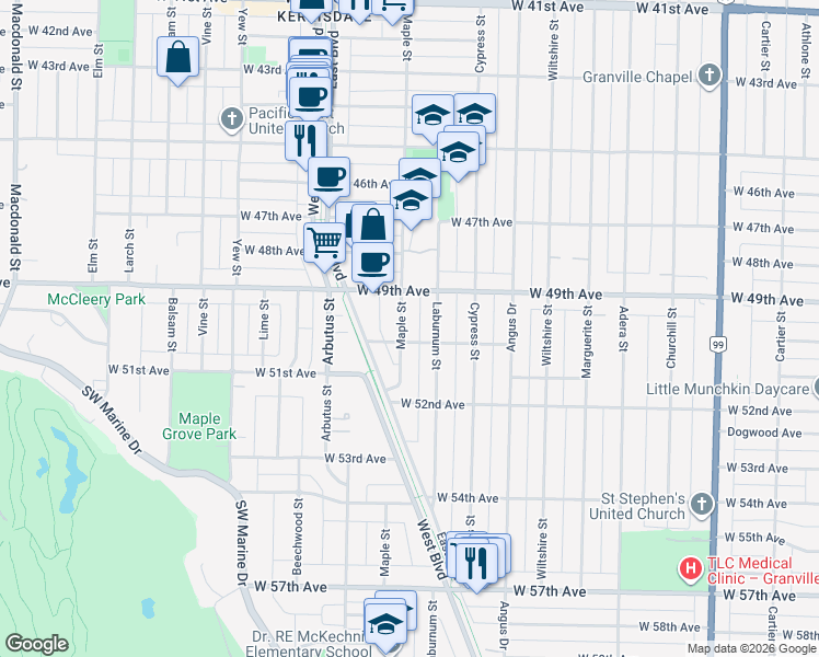 map of restaurants, bars, coffee shops, grocery stores, and more near 6582 Maple Street in Vancouver