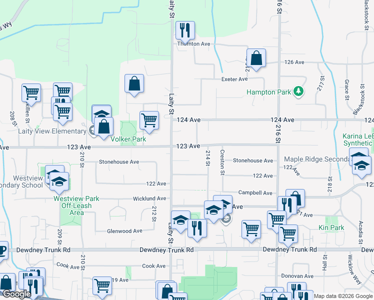 map of restaurants, bars, coffee shops, grocery stores, and more near 21308 123 Avenue in Maple Ridge