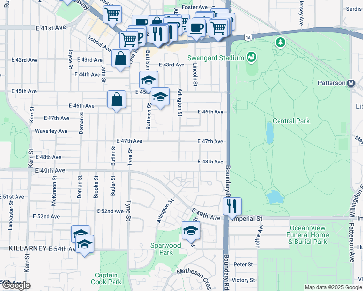 map of restaurants, bars, coffee shops, grocery stores, and more near 6330 Arlington Street in Vancouver