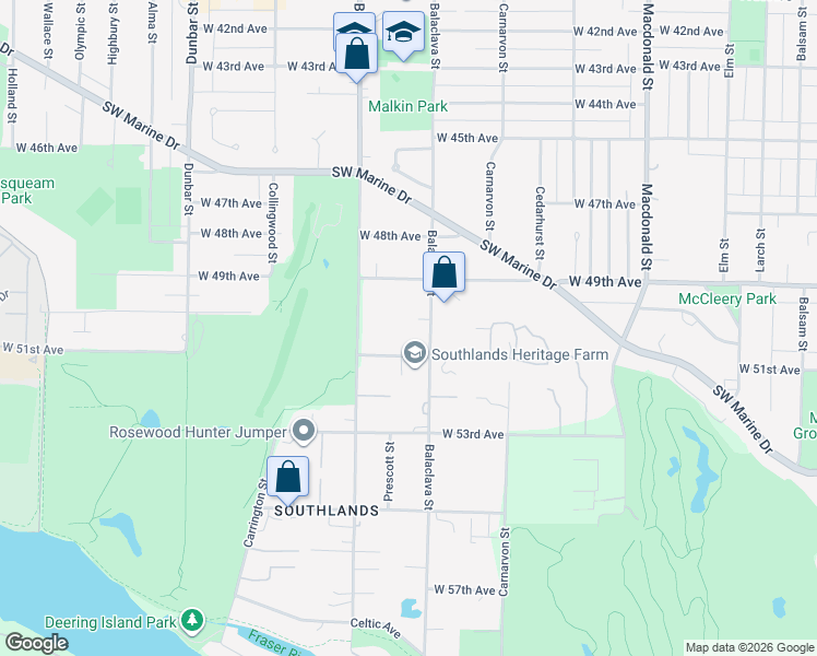 map of restaurants, bars, coffee shops, grocery stores, and more near 6625 Balaclava Street in Vancouver