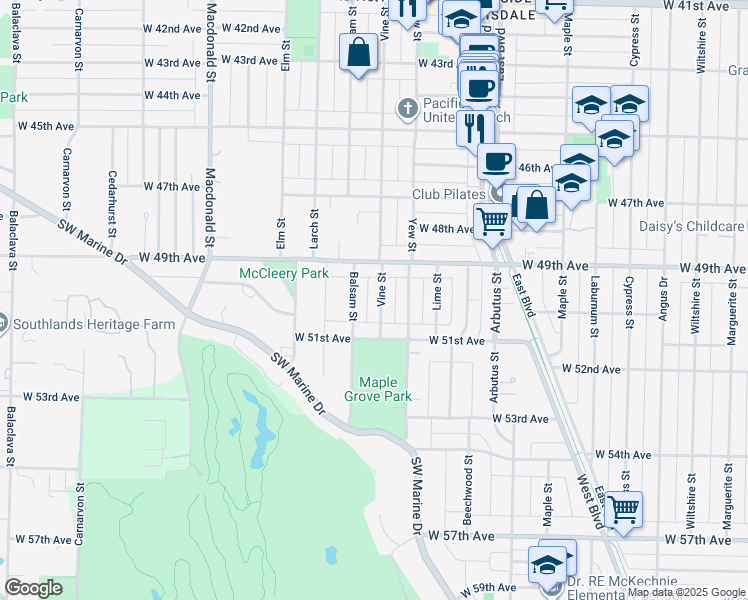 map of restaurants, bars, coffee shops, grocery stores, and more near 6591 Vine Street in Vancouver
