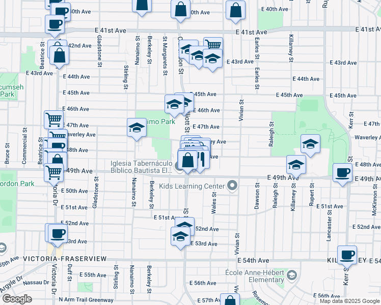 map of restaurants, bars, coffee shops, grocery stores, and more near 6388 Elliott Street in Vancouver