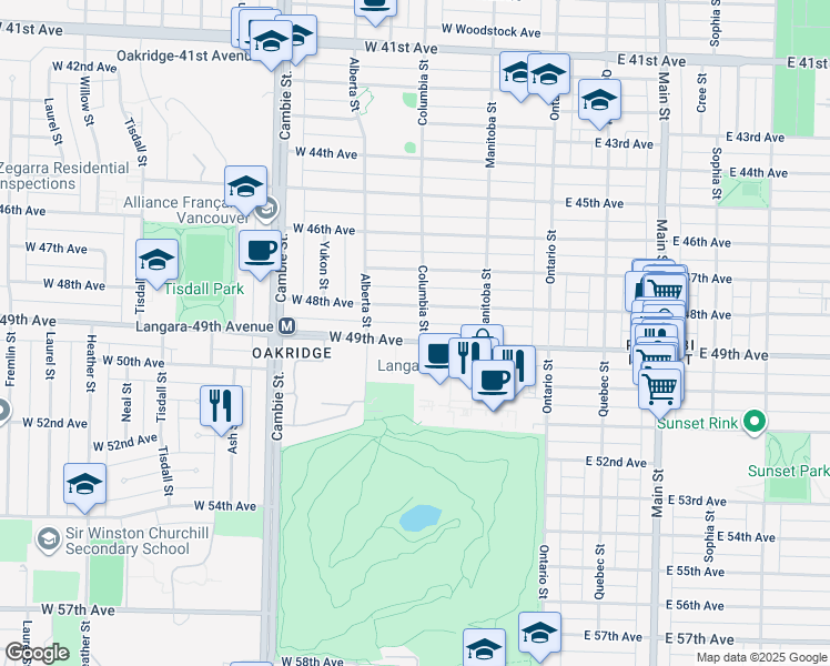 map of restaurants, bars, coffee shops, grocery stores, and more near West 49th Avenue in Vancouver