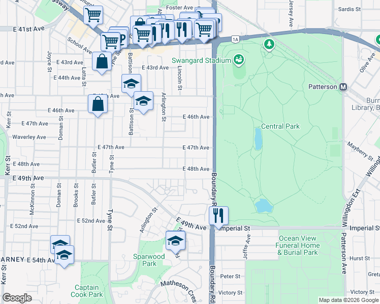 map of restaurants, bars, coffee shops, grocery stores, and more near 3620 East 47th Avenue in Vancouver