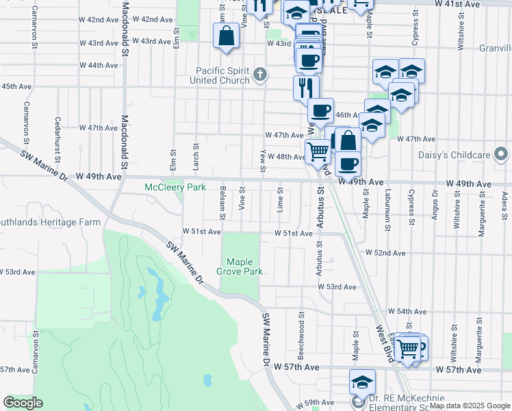 map of restaurants, bars, coffee shops, grocery stores, and more near 6579 Yew Street in Vancouver