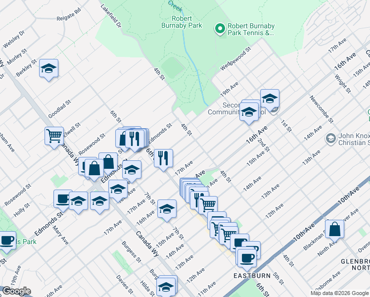 map of restaurants, bars, coffee shops, grocery stores, and more near 18th Avenue in Burnaby
