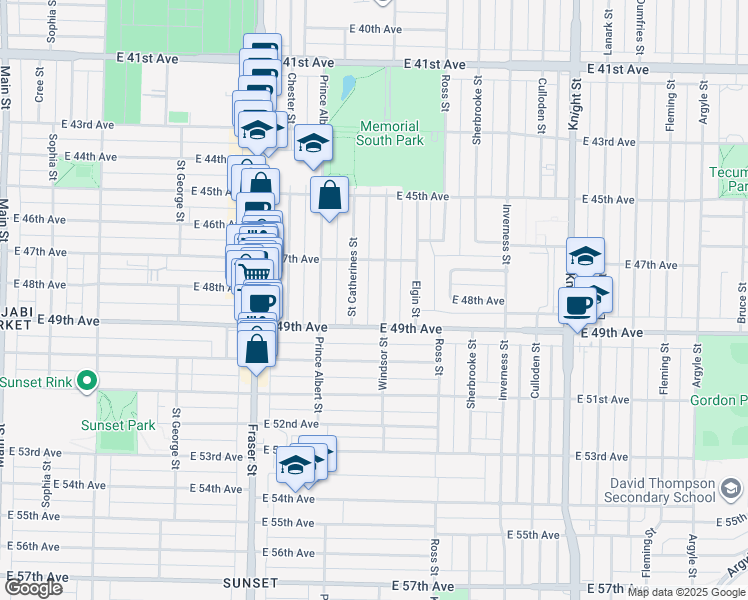 map of restaurants, bars, coffee shops, grocery stores, and more near 6425 Windsor Street in Vancouver