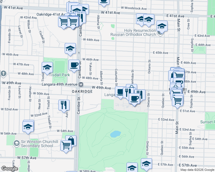 map of restaurants, bars, coffee shops, grocery stores, and more near 263 West 49th Avenue in Vancouver