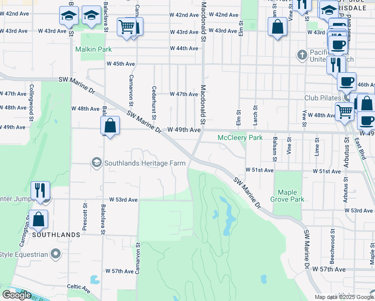 map of restaurants, bars, coffee shops, grocery stores, and more near 2819 Southwest Marine Drive in Vancouver
